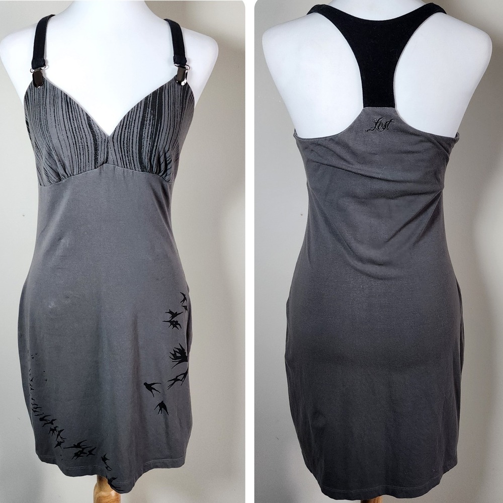 Lost Bodycon Dress Womens Small Bird Print Sexy Stretch Pencil Fitted Racer Back